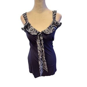 INC International Concepts Women's Navy Blue Ruffle Scoop Neck Blouse